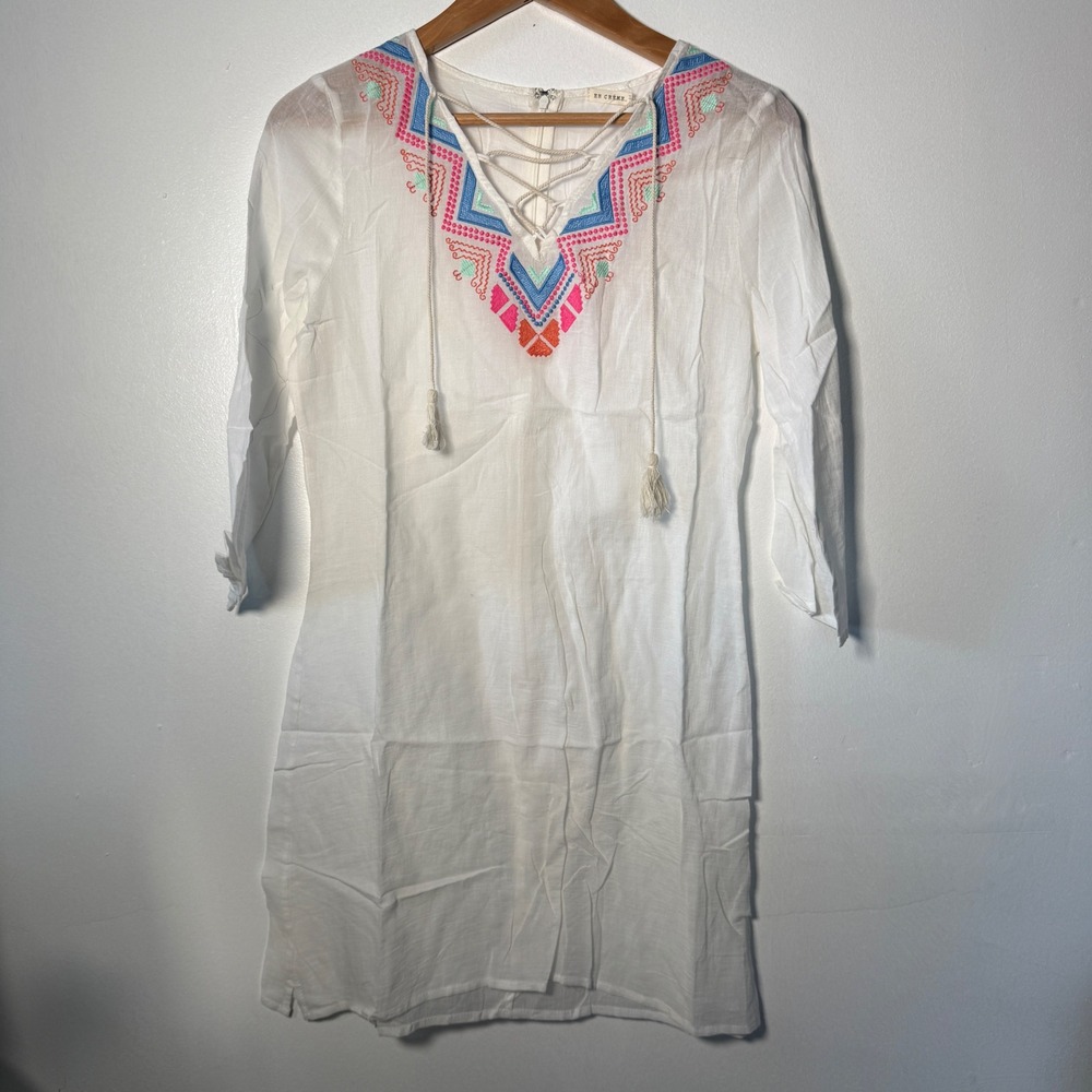 NEW En Creme White Embroidered Lace Up Tassel Boho Mini Dress 3/4 Sleeve Small